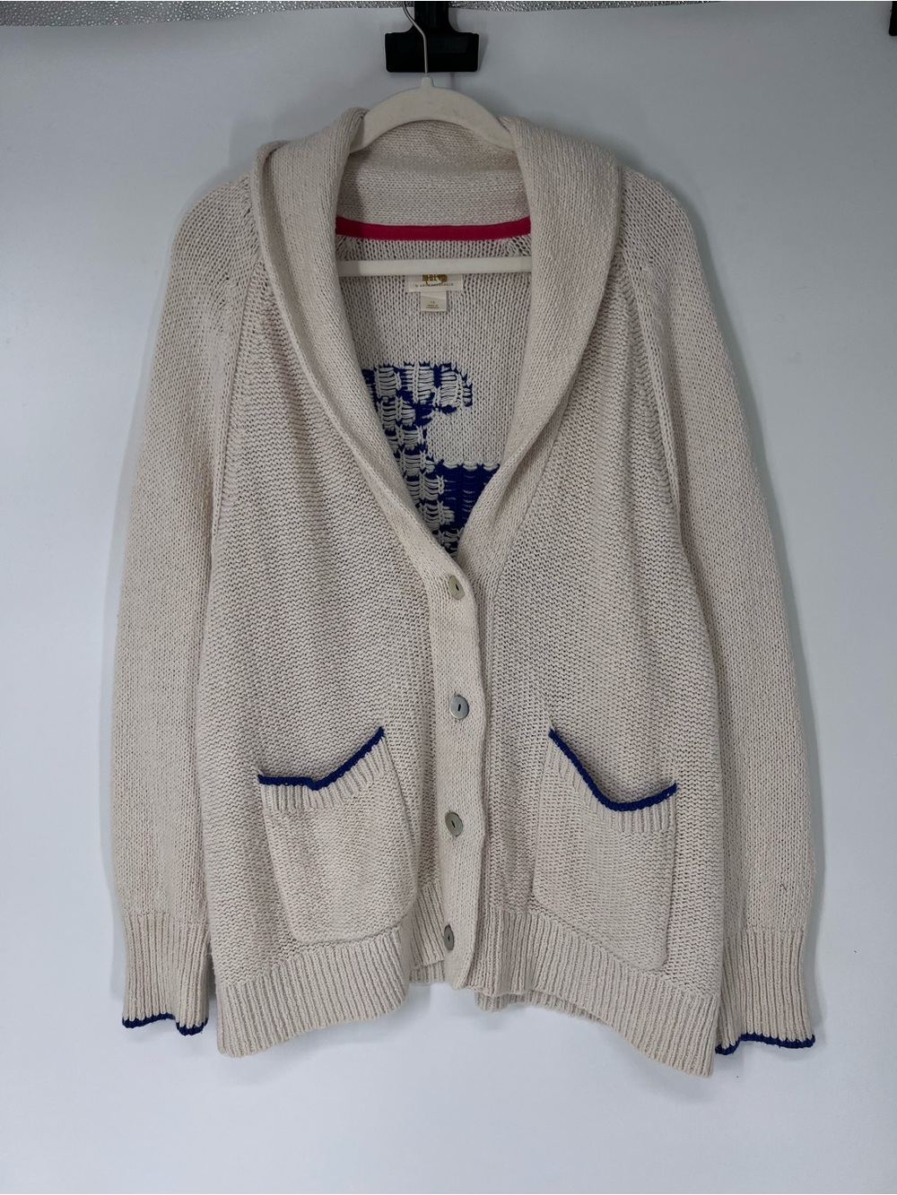 Maeve Cream Blue Lobster Motif Knit V Neck Nautical Beach Cardigan Sweater 1X - Picture 3 of 7